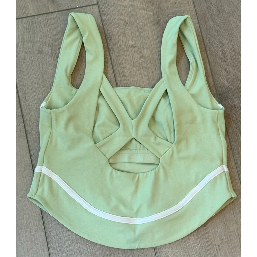 FREE PEOPLE FP MOVEMENT LEMONGRASS GREEN WHITE NEVER BETTER VOLLEY TANK TOP XS